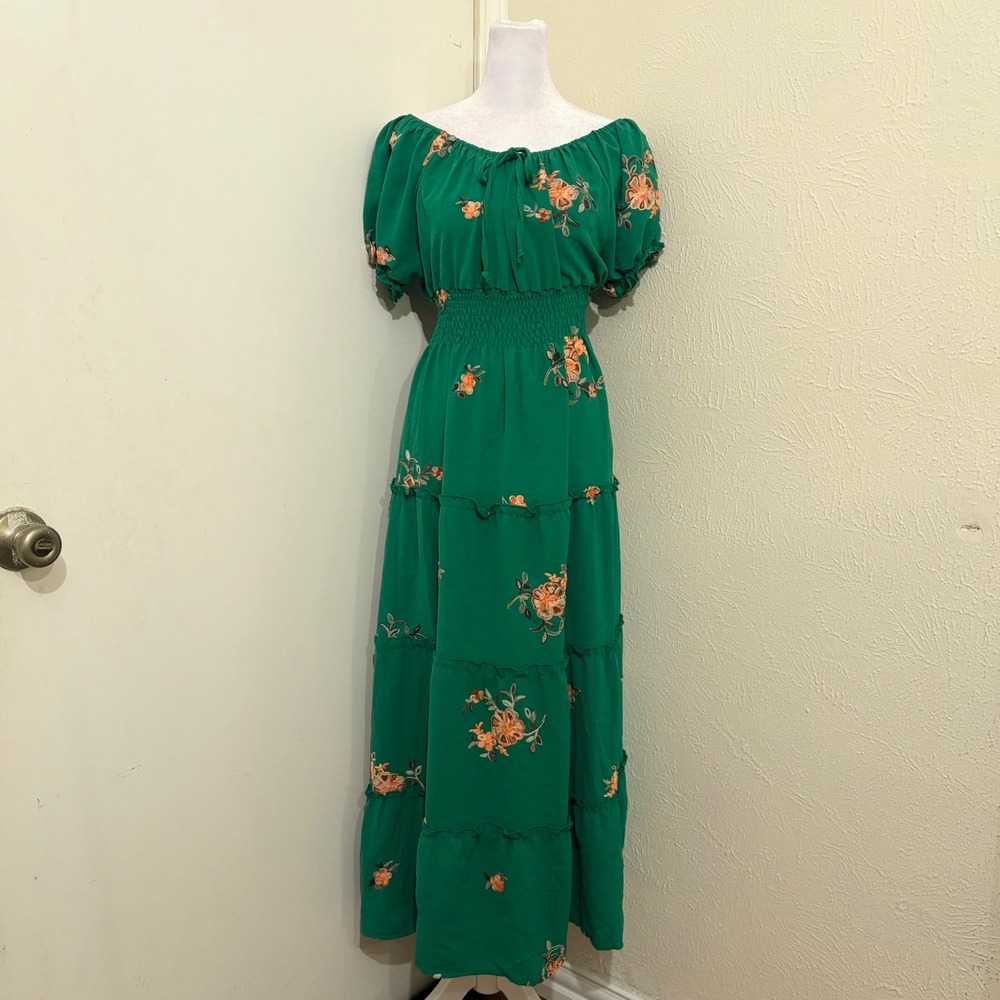 Kindred Petite Green Floral Embroidered Smocked Tiered Maxi Dress XL Cottagecore